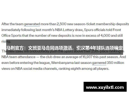 马刺官方：文班亚马合同选项激活，索汉第4年球队选项确定